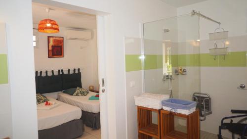 Zimmer mit 2 Betten und Dusche in der Unterkunft Les gîtes "La belle verte" in Cadet