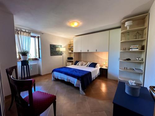 a bedroom with a bed and a desk and a chair at Al Veciarin in Lundo
