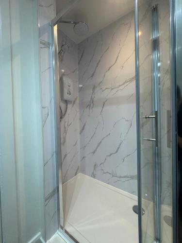 a bathroom with a shower with a glass door at Cinema room apartment 1 in Basildon