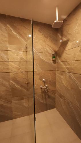 a shower with a glass door in a bathroom at Hotel Premium in Chandīgarh