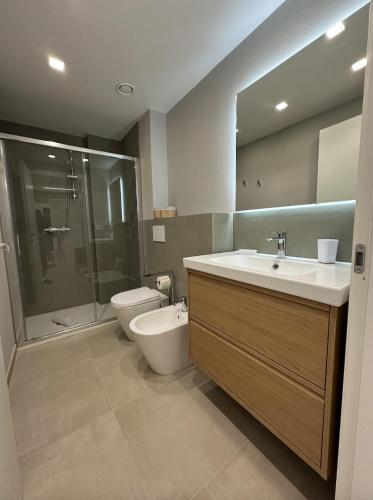 a bathroom with a sink and a toilet and a shower at IsabellaGuestHouse in Chiusa di Pesio