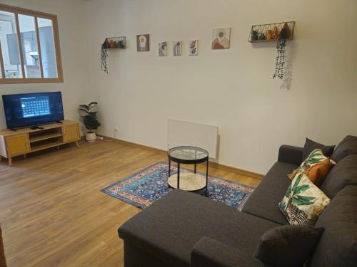 un salon avec un canapé et une télévision dans l'établissement Charmant appartement, spacieux et tout confort, à Charleville-Mézières