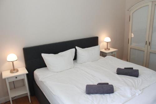ein Schlafzimmer mit einem weißen Bett mit zwei Handtüchern darauf in der Unterkunft Schloss Lelkendorf - Fewo Parkblick in Lelkendorf