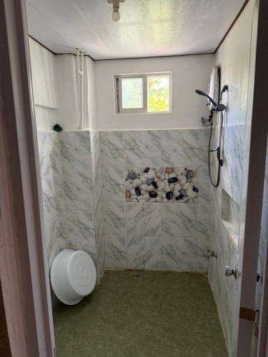 um banheiro com chuveiro, vaso sanitário e janela em Bancasi Hostel Shared Dormitory em Butuan