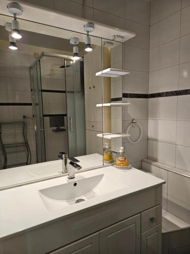 a bathroom with a sink and a mirror at Portvendres Sea view in Port-Vendres