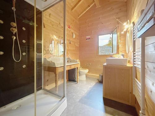 a bathroom with a shower and a sink and a toilet at Chalet en bois avec très belle vue sur la montagne in Colmars