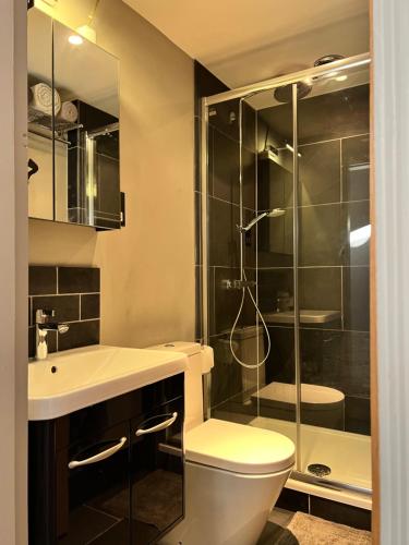 ShenfieldにあるGlanthams Lodge Guestroomのトイレとガラスのシャワー付きのバスルーム