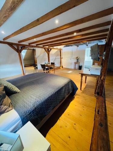 a bedroom with a bed and a desk and a tv at Haus Mees Appartements in Wuppertal