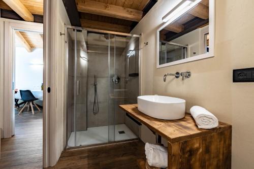 ein Badezimmer mit Waschbecken und Dusche in der Unterkunft Lo Paglier - Le Four des Alpes in Rhemes-Saint-Georges