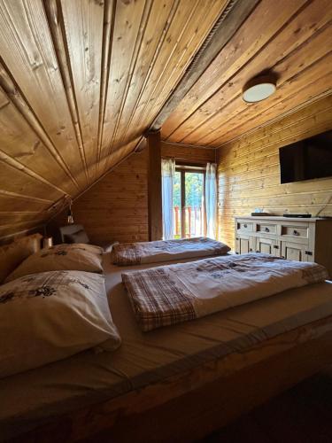 ミート・ポッド・ドゥンビエロムにあるZrub EMMAの木製天井のドミトリールームのベッド2台分です。