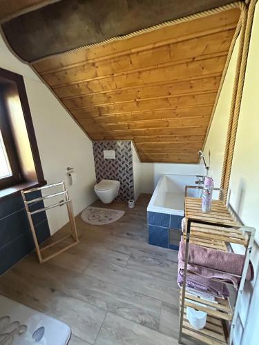ミート・ポッド・ドゥンビエロムにあるZrub EMMAの屋根裏のバスルーム(バスタブ、トイレ付)