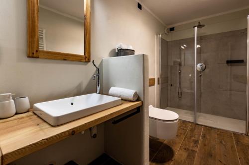 ein Badezimmer mit einem weißen Waschbecken und einer Dusche in der Unterkunft La Tsambra-Le Four des Alpes in Rhemes-Saint-Georges