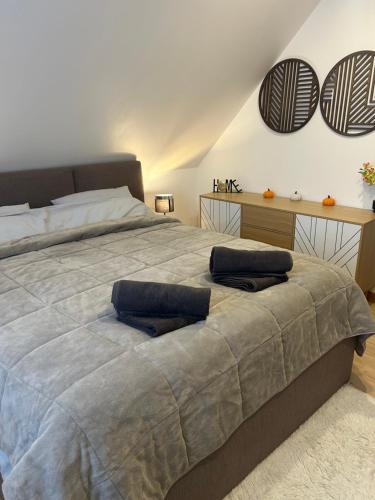 a bedroom with a large bed with two pillows on it at L'échapée belle in Beinheim