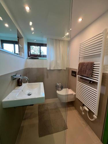 a bathroom with a sink and a toilet at Appartement am Rüsberg in Witten