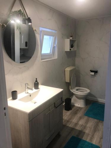 a bathroom with a sink and a toilet and a mirror at Casa das Oliveiras in Boucinhas