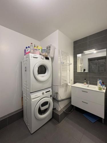 ein Badezimmer mit Waschmaschine und Waschbecken in der Unterkunft Chambre cozy avec lit double en étage in Bois-Colombes