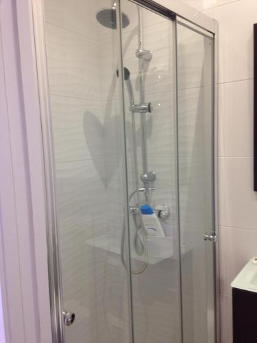 a shower with a glass door with a toilet at Hospedaje Lopez in A Coruña
