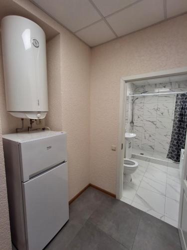 a kitchen with a refrigerator and a bathroom with a toilet at VILLA ROZA Guest House in Rēzekne