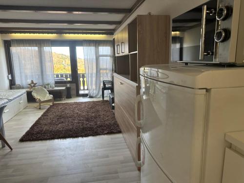 eine Küche mit einem Kühlschrank und ein Wohnzimmer in der Unterkunft L&L Ferienwohnung in Schöfweg