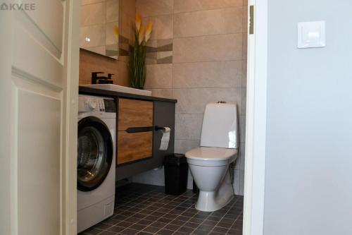 ein Badezimmer mit Waschmaschine und Toilette in der Unterkunft Laeva apartment in Lihula