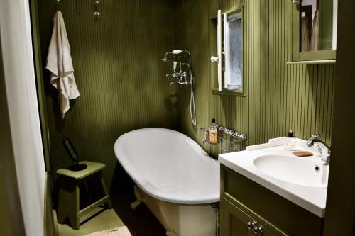a green bathroom with a sink and a toilet at Maison en pierre rénovée avec jardin et piscine privative chauffée in Hyères