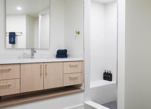 um banheiro com uma pia, um espelho e uma banheira em The Ember Suite em Peterborough