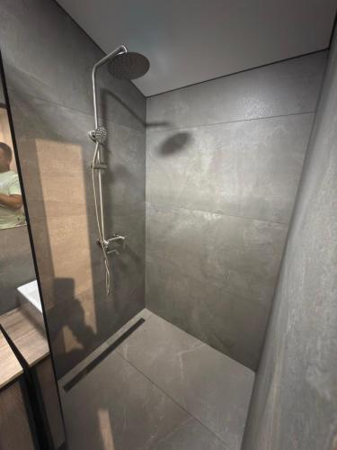 a shower with a shower head in a bathroom at River House Hotel in Romny