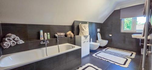 a bathroom with a bath tub and a toilet at Apartmánová chata u pláže Sečské přehrady in Hoješín