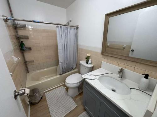 Entire Cozy Apartment Fully Renovated Modern Style في نورث برونزويك: حمام مع حوض ومرحاض ومرآة