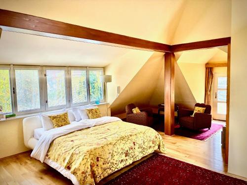 ein Schlafzimmer mit einem Bett in einem Zimmer mit Fenstern in der Unterkunft Villa Riviera in Prag