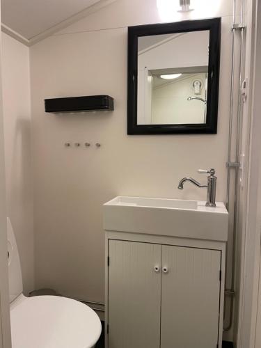 a bathroom with a white sink and a mirror at Bondasgården in Lima