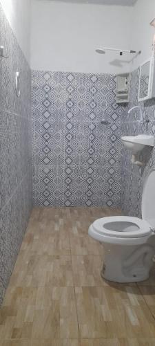 a bathroom with a toilet and a sink at Hostel da Lua in Barreirinhas
