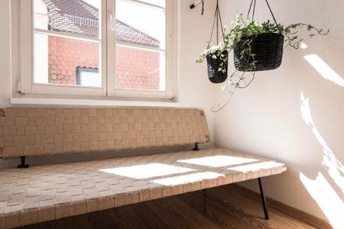 a bench in a room with a window and potted plants at Modern design im klassischem Altbau in Weimar