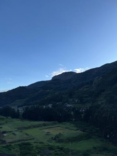 a large green field with mountains in the background at Mamá Raywa in Huari