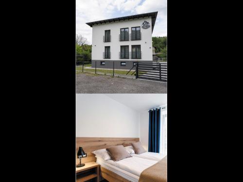two pictures of a white house with a bed in front at Apartamenty Pod Wyciągiem in Wisła