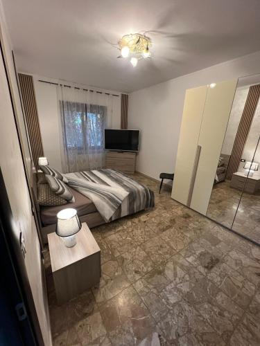 a bedroom with a bed and a tv and a mirror at Relax suite in Alessandria