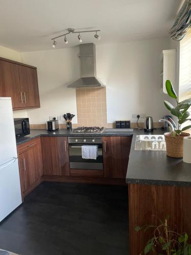 Una cocina con gabinetes de madera y un horno de estufa. en Arti One Bedroom Apartment, en Wrexham