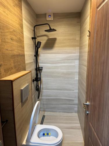 a small bathroom with a toilet and a shower at Hypogeon Residence in Bitola