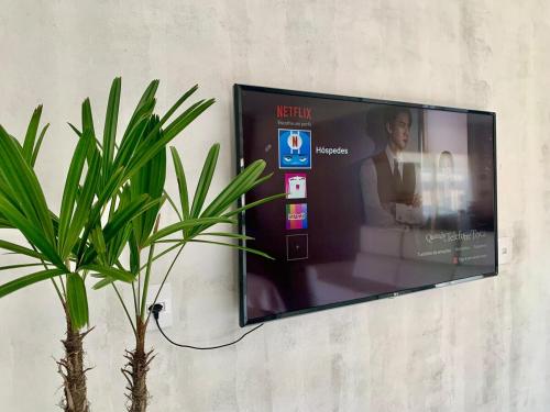 a flat screen tv attached to a wall with a plant at Cada na Praia Itapeva Torres in Torres