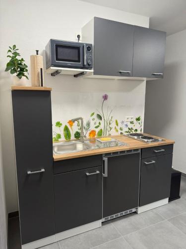 una cocina con fregadero y microondas en Ruhiges Apartment mit Terrasse an der Donau - Schwaben Living, en Munderkingen