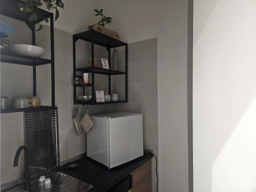 a kitchen with a white refrigerator on a counter at Majestic Salus Spa in Fiuggi