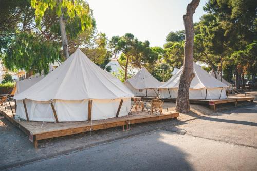 eine Reihe von Zelten mit Stühlen und einem Baum in der Unterkunft HolaCamp Sant Salvador in Comarruga