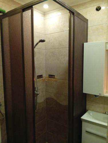 a shower with a glass door in a bathroom at Apartman Mali kutak in Gradačac