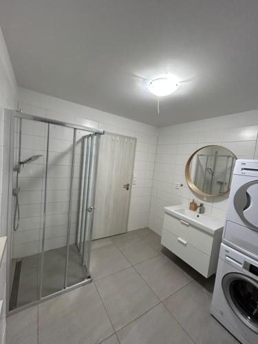une salle de bains avec douche, lavabo et miroir dans l'établissement Prázdninový dům, à Kout na Šumavě