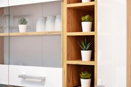 ein Badezimmer mit Holzregalen mit Topfpflanzen in der Unterkunft PF04 Großzügiges City Apartment für Monteure - LS Crew Comfort DIE Adresse für Monteure in Pforzheim