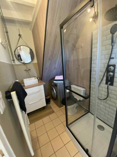 a bathroom with a shower and a sink and a mirror at Maison calme in Bazouges-sous-Hédé