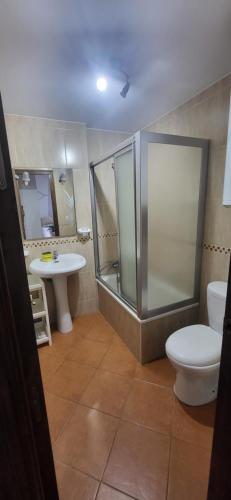 a bathroom with a shower and a toilet and a sink at Casa Curro in Benaocaz
