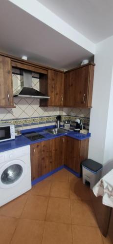 a kitchen with a sink and a washing machine at Casa Curro in Benaocaz