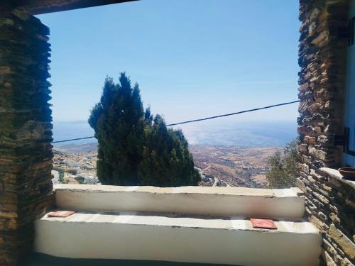 a window in a building with a view of a tree at Vista Tinos in Triandáros