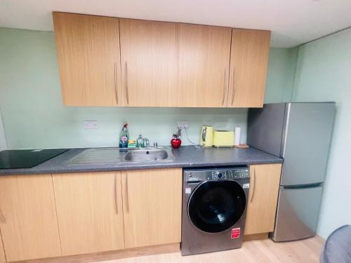 een keuken met een wasmachine en een wastafel bij Newly refurbished spacious studio flat in Wimbledon in Raynes Park